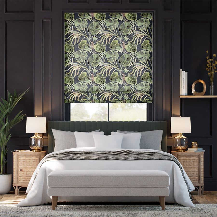 Clarke & Clarke roman shades in Monkey Business Slate