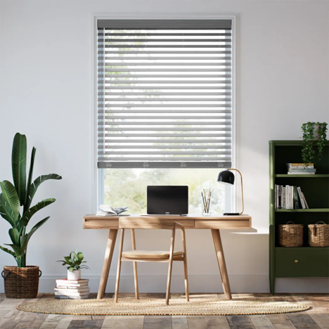 Home office with wood blinds